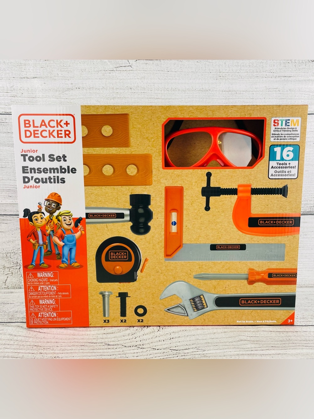 Black + Decker Junior Toy Tool Set Realistic Features includes Goggles 16pc NEW